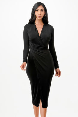 Criss Cross Black Long Sleeve Midi Dress