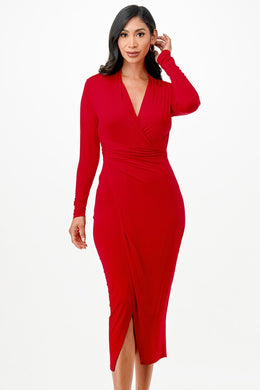 Criss Cross Red Long Sleeve Midi Dress