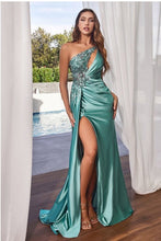 Load image into Gallery viewer, Turquoise Green Satin One Shoulder Draped Embellished Sequin Gown