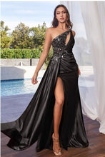Load image into Gallery viewer, Champagne Gold Satin One Shoulder Draped Embellished Sequin Gown