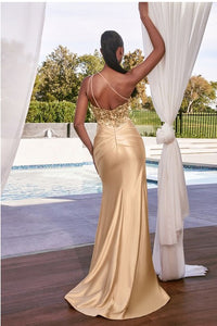 Champagne Gold Satin One Shoulder Draped Embellished Sequin Gown