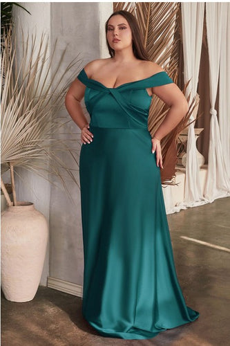 Plus Size Emerald Green Society Satin Off Shoulder Evening Gown