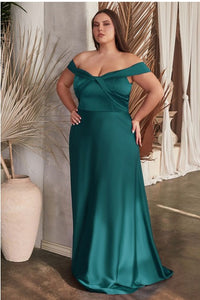 Plus Size Emerald Green Society Satin Off Shoulder Evening Gown