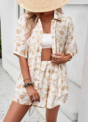 Cream Casual Printed 2pc Shorts Set