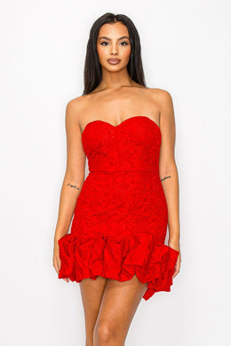 Luxe Red Sweetheart Jacquard Lace Bubble Hem Mini Dress