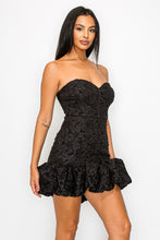 Load image into Gallery viewer, Luxe Black Sweetheart Jacquard Lace Bubble Hem Mini Dress