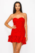 Load image into Gallery viewer, Luxe Red Sweetheart Jacquard Lace Bubble Hem Mini Dress