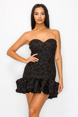 Luxe Black Sweetheart Jacquard Lace Bubble Hem Mini Dress