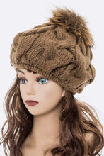 Load image into Gallery viewer, Large Fur Pom Cable Knit Beret Beanie