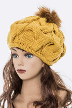 Load image into Gallery viewer, Large Fur Pom Cable Knit Beret Beanie