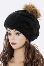 Load image into Gallery viewer, Large Fur Pom Cable Knit Beret Beanie