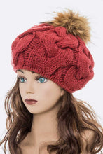 Load image into Gallery viewer, Large Fur Pom Cable Knit Beret Beanie