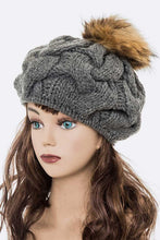 Load image into Gallery viewer, Large Fur Pom Cable Knit Beret Beanie