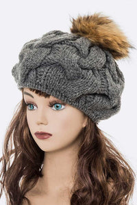 Large Fur Pom Cable Knit Beret Beanie