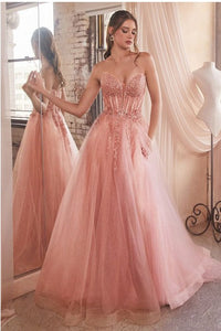 Strapless Soft Pink Sequined Embellished Corset Style Tulle Ball Gown