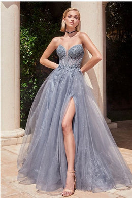 Strapless Smoky Blue Sequined Embellished Corset Style Tulle Ball Gown