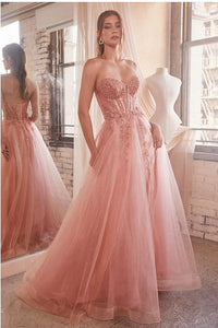 Strapless Soft Pink Sequined Embellished Corset Style Tulle Ball Gown