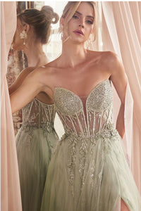 Strapless Emerald Green Sequined Embellished Corset Style Tulle Ball Gown