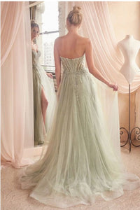 Strapless Sage Green Sequined Embellished Corset Style Tulle Ball Gown