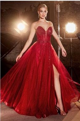 Strapless Red Sequined Embellished Corset Style Tulle Ball Gown