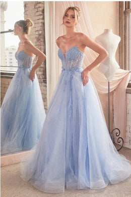 Strapless Light Blue Sequined Embellished Corset Style Tulle Ball Gown