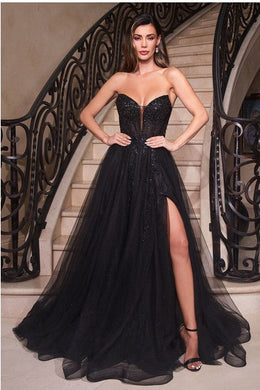 Strapless Black Sequined Embellished Corset Style Tulle Ball Gown