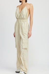 Modern Beige Cargo Style Jumpsuit