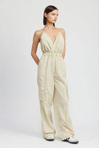 Modern Beige Cargo Style Jumpsuit