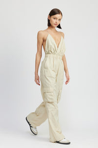 Modern Beige Cargo Style Jumpsuit