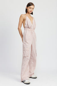 Modern Beige Cargo Style Jumpsuit