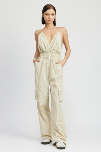 Modern Beige Cargo Style Jumpsuit