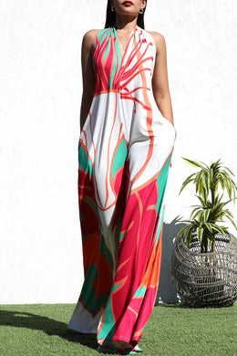 Red/White Printed Backless Halter Wide Leg Jumpsuit