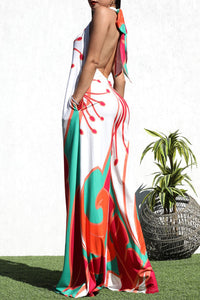 Red/White Printed Backless Halter Wide Leg Jumpsuit