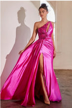 Load image into Gallery viewer, Fuschia Pink Satin One Shoulder Draped Embellished Sequin Gown