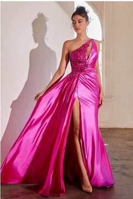 Fuschia Pink Satin One Shoulder Draped Embellished Sequin Gown