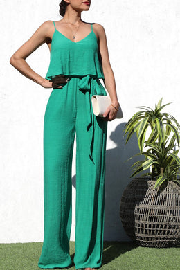 Chic Green Sleeveless Layered Belted Jumpsuit