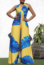 Load image into Gallery viewer, Yellow Leaf Backless Halter Print Wide Leg Jumpsuit