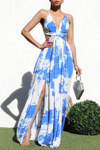 Summer Tie Dye Blue Sleeveless Printed Maxi Dress