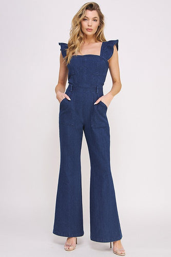 Denim Blue Ruffle Flare Leg Jumpsuit