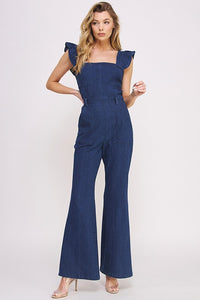 Denim Blue Ruffle Flare Leg Jumpsuit