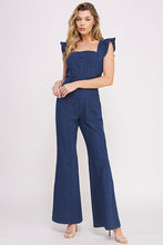 Load image into Gallery viewer, Denim Blue Ruffle Flare Leg Jumpsuit