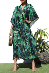 Summer Tropical Green Maxi Button Down Shirt Dress