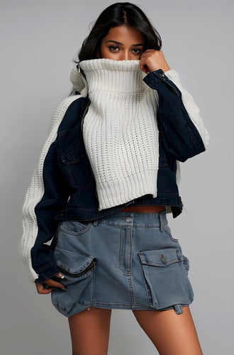 Knit Multi White-Blue Fabric Sweater