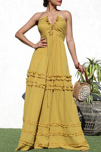 Ruffled Yellow Halter Sleeveless Maxi Dress