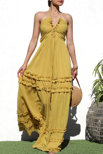 Ruffled Yellow Halter Sleeveless Maxi Dress