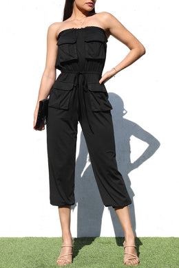 Cargo Style Black Strapless Belted Jumpsuit