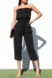 Cargo Style Green Strapless Belted Jumpsuit