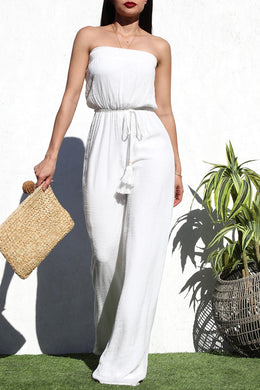 Strapless White Summer Belted Jumpsuit