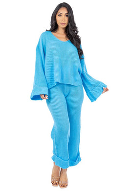 Fashion 2pc Blue Sweater Pant Set