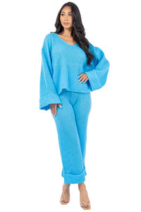 Fashion 2pc Blue Sweater Pant Set